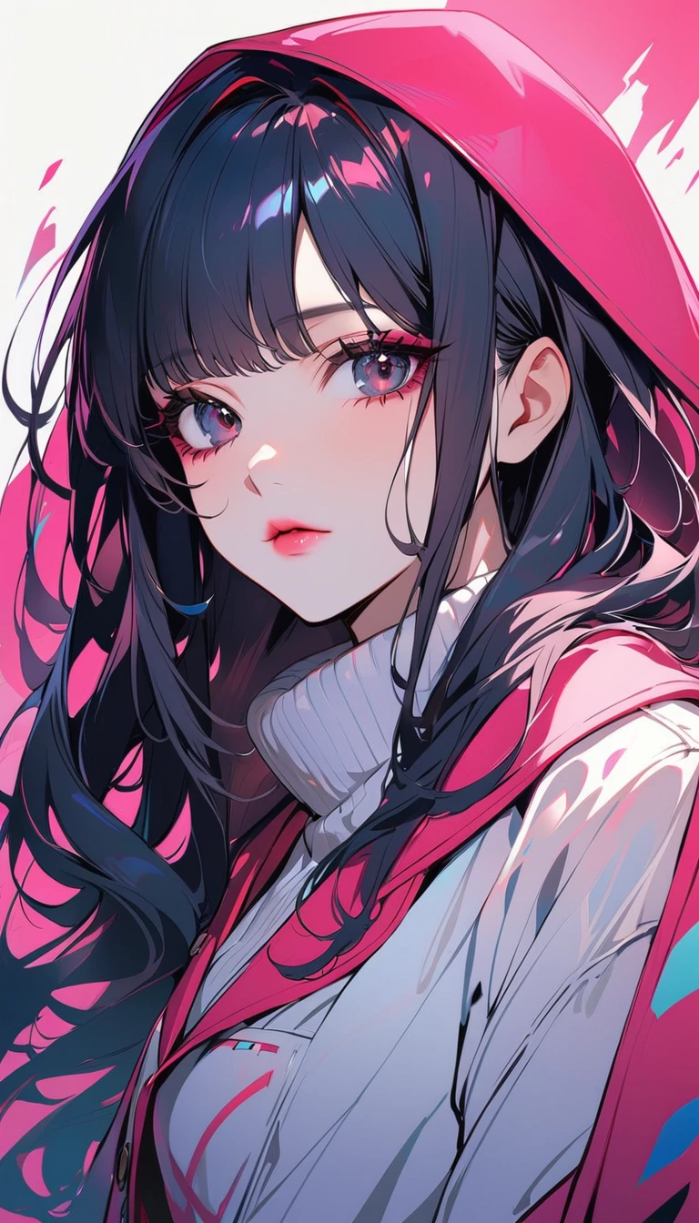 1woman, solo, medium straight hair, black Hair, black eyes, eyelashes, pink lips, メンヘラ