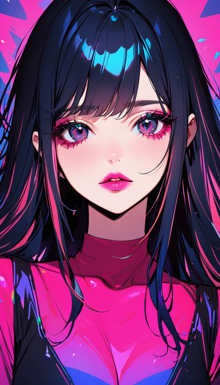 1woman, solo, medium straight hair, black Hair, black eyes, eyelashes, pink lips,　メンヘラ