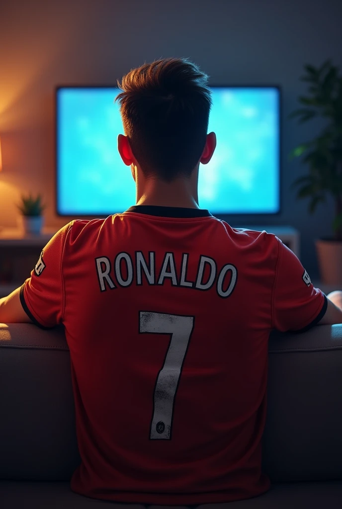 A person watching tv with shirt name ‘Ronaldo’ and number 7