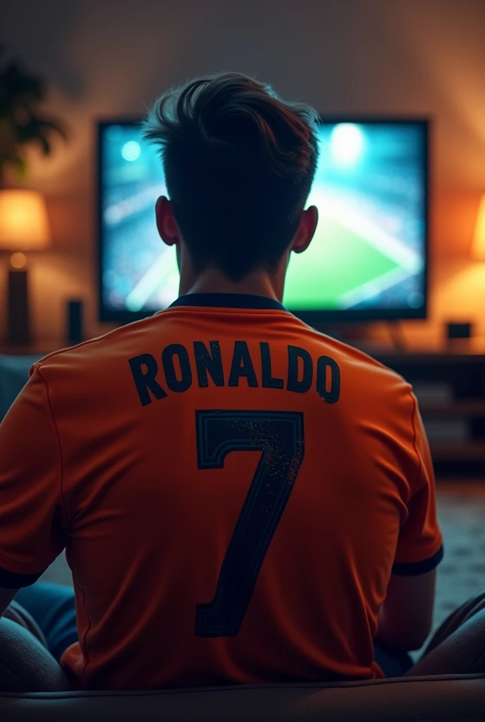 A person watching tv with shirt name ‘Ronaldo’ and number 7