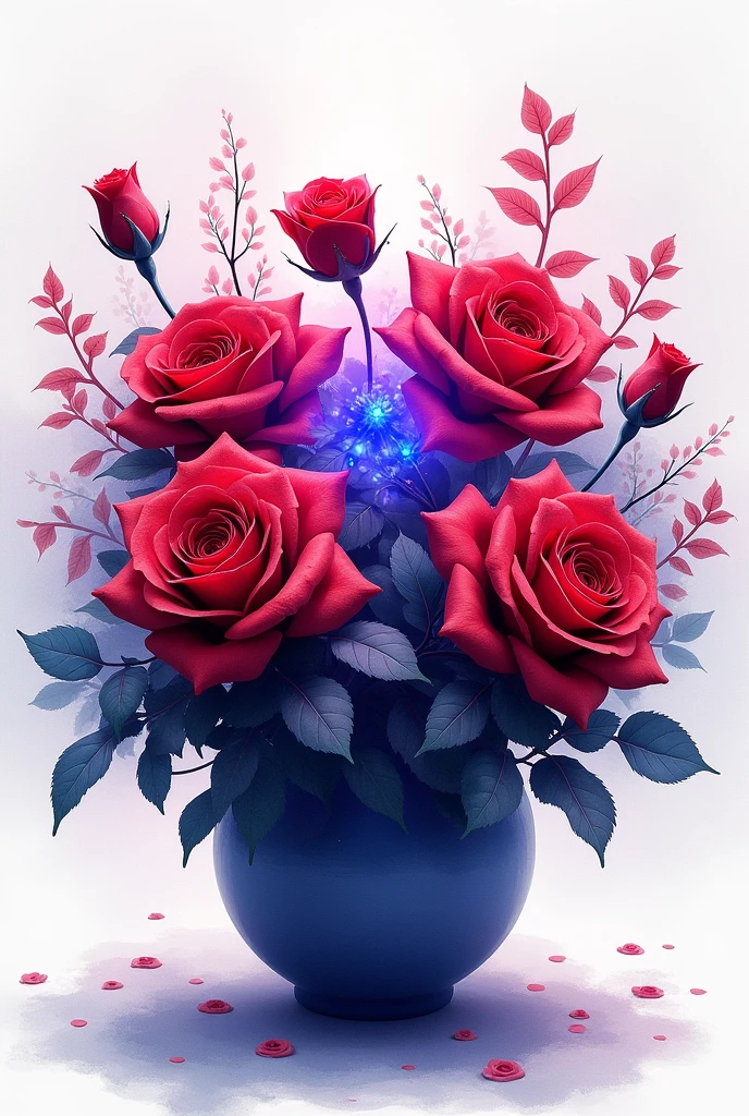 flower, a pot of roses ,in the style of blood red and blue in the center, dreamy and romantic compositions, ethereal foliage, playful arrangements,fantasy, high contrast, ink strokes, explosions, over exposure, purple and red tone impression , abstract, ((watercolor painting by John Berkey and Jeremy Mann )) brush strokes, negative space, light background