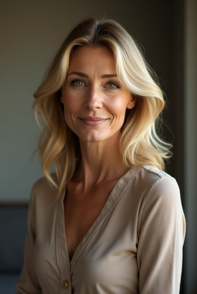 Femme blonde , grande , cheveux mi long , mince et tenue légère,  70 years old