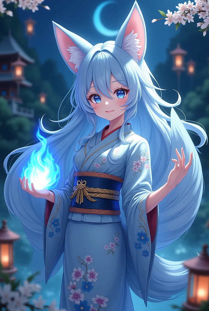 fox Light blue hair beast girl indigo fur fox beast girl fox Light blue hair beast girl indigo fur fox beast girl Wallpaper 4k,8k,highly detailled,,vivid colors,detailed kitsune with 9 tails,traditional Japanese artwork,tatami floor,beautiful cherry blossoms,floating lanterns,dark silhouette of a pagoda,subtle moonlight,dense forest,ethereal atmosphere,dappled sunlight,whimsical spirit,serene expression,elaborate kimono and obi,delicate hand-painted details,luminous eyes Anime Style fox blue White-faced golden-haired nine-tailed fox Coat blue mysterious background Blue Flame girl have a ball of light Anime Style fox blue White-faced golden-haired nine-tailed fox Coat blue mysterious background Blue Flame girl have a ball of light
