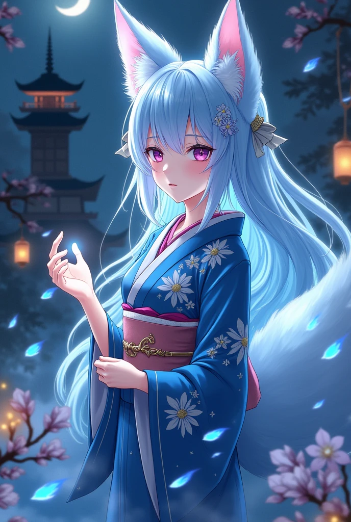 fox Light blue hair beast girl indigo fur fox beast girl fox Light blue hair beast girl indigo fur fox beast girl Wallpaper 4k,8k,highly detailled,,vivid colors,detailed kitsune with 9 tails,traditional Japanese artwork,tatami floor,beautiful cherry blossoms,floating lanterns,dark silhouette of a pagoda,subtle moonlight,dense forest,ethereal atmosphere,dappled sunlight,whimsical spirit,serene expression,elaborate kimono and obi,delicate hand-painted details,luminous eyes Anime Style fox blue White-faced golden-haired nine-tailed fox Coat blue mysterious background Blue Flame girl have a ball of light Anime Style fox blue White-faced golden-haired nine-tailed fox Coat blue mysterious background Blue Flame girl have a ball of light