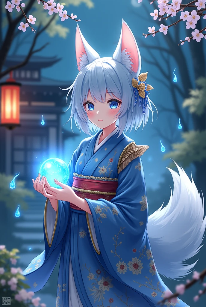 fox Light blue hair 　beast girl　indigo fur　fox beast girl　fox Light blue hair 　beast girl　indigo fur　fox beast girl　Wallpaper 4k,8k,highly detailled,,vivid colors,detailed kitsune with 9 tails,traditional Japanese artwork,tatami floor,beautiful cherry blossoms,floating lanterns,dark silhouette of a pagoda,subtle moonlight,dense forest,ethereal atmosphere,dappled sunlight,whimsical spirit,serene expression,elaborate kimono and obi,delicate hand-painted details,luminous eyes　Anime Style　fox　blue　White-faced golden-haired nine-tailed fox　Coat blue　　　mysterious background　Blue Flame　girl　have a ball of light Anime Style　fox　blue　White-faced golden-haired nine-tailed fox　Coat blue　　　mysterious background　Blue Flame　girl　have a ball of light