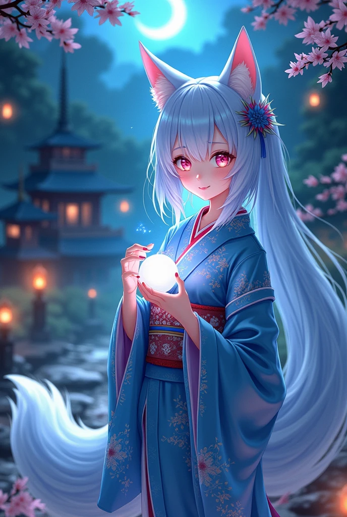 fox Light blue hair beast girl indigo fur fox beast girl fox Light blue hair beast girl indigo fur fox beast girl Wallpaper 4k,8k,highly detailled,,vivid colors,detailed kitsune with 9 tails,traditional Japanese artwork,tatami floor,beautiful cherry blossoms,floating lanterns,dark silhouette of a pagoda,subtle moonlight,dense forest,ethereal atmosphere,dappled sunlight,whimsical spirit,serene expression,elaborate kimono and obi,delicate hand-painted details,luminous eyes Anime Style fox blue White-faced golden-haired nine-tailed fox Coat blue mysterious background Blue Flame girl have a ball of light Anime Style fox blue White-faced golden-haired nine-tailed fox Coat blue mysterious background Blue Flame girl have a ball of light