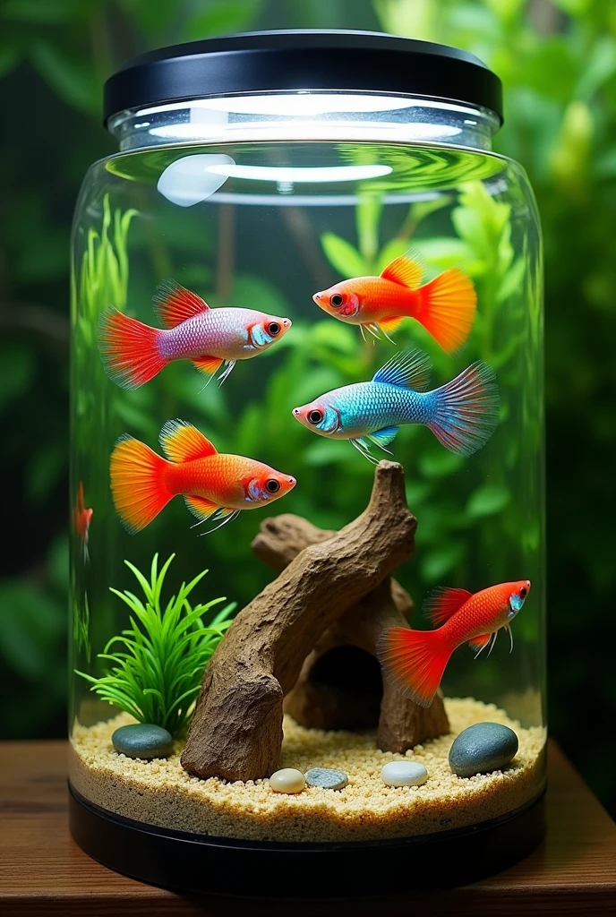 Multicolored guppy pieces, in a 5 litre fish tank, with aquatic plants, a small log and stones.