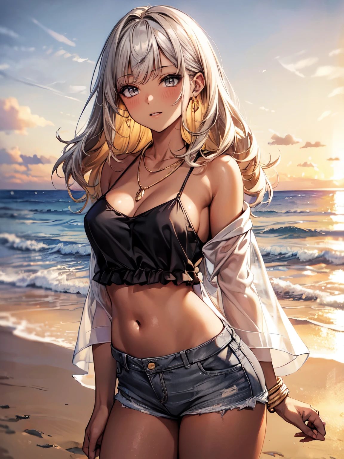 ((masterpiece, Highest quality, Very detailed)), anime CG, 

One girl, 20 years old, gyaru, gyaru-style makeup, BREAK ((brown skin:1.3)), ((tanned skin:1,3)), ((blonde)), Long Hair, blunt bangs, wavy Hair, BREAK ((grey eyes:1.3)), ((slant eyes:1.3)),((thick thighs)), medium breasts, 

her hair flowing in the wind, 

BREAK looking at viewer, 
smile, cinematic angle, 

((lots of pierced earrings, silver chain necklace, silver bracelet)),　

BREAK ((white sheer long-sleeved shirt partially removed)), BREAK ((black camisole)), ((halter neck cropped camisole)), necklace, BREAK (blue damaged denim shorts)

BREAK (beautiful scenery), (panoramic view:1.3), ultra-wide angle lens, (vast horizon:1.2), beach, ocean waves, cloudy sky, ((golden hour lighting:1.3)), coastal scenery, ((warm colors)), serene atmosphere, soft focus,