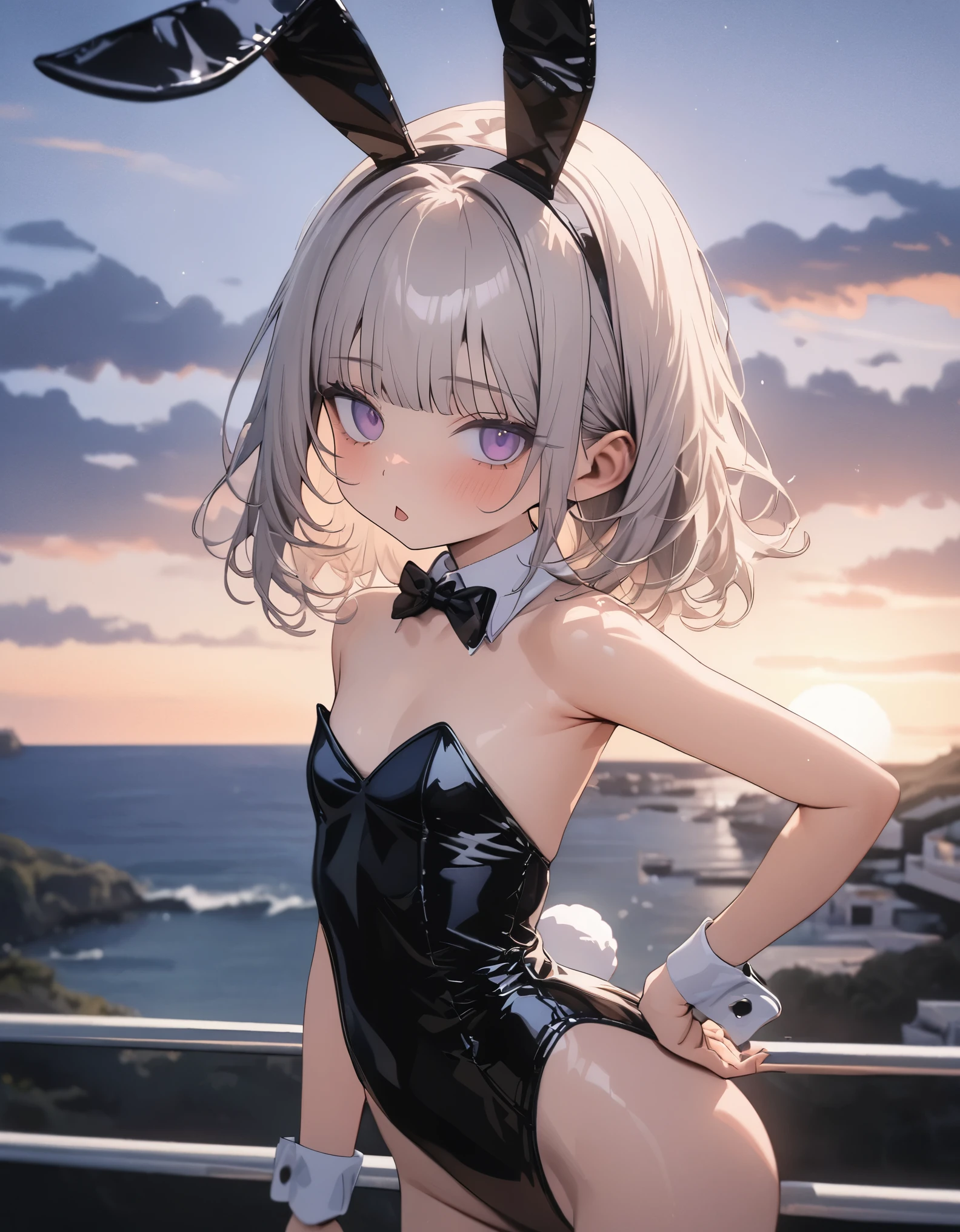 ((Masterpiece)), ((best quality)), ((from side)), ((wide shot)), (super detail:1.2), (High Definition:1.3), ((extremely detailed)), (8K), (Professional Photography:1.2), (very aesthetic:1.2), (absurdres:1.2), perfect anatomy, intricate details, (sharp focus), (perfect light), (drop shadow), ((1girl)), (()), ((cute age girl)), (platinum-gold hair), (loose blunt bangs), (medium hair), (Sleepy face), ((Triangle Mouth)), (put on bunny ears), ((wearing Playboy_bunny)), (Bunny suit in luxury velvet fabric), Small chest, cute hips, BREAK, ((Stand while bending at the hip)), sunrise, (Beautiful pale purple eyes), (cute cheeks), glossy lips, pouty lips, bags under the eyes, (lower eyelashes), ((on the Luxury seaside resort)), View of the sea, (detailed background:1.2), newest,clear line,