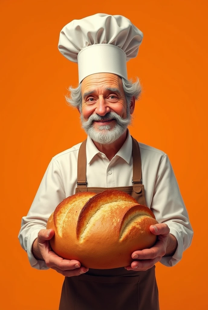 Elderly white man with short curly hair wearing a chef&#39;s hat and mustache without a beard on an orange background offering a large loaf of bread 