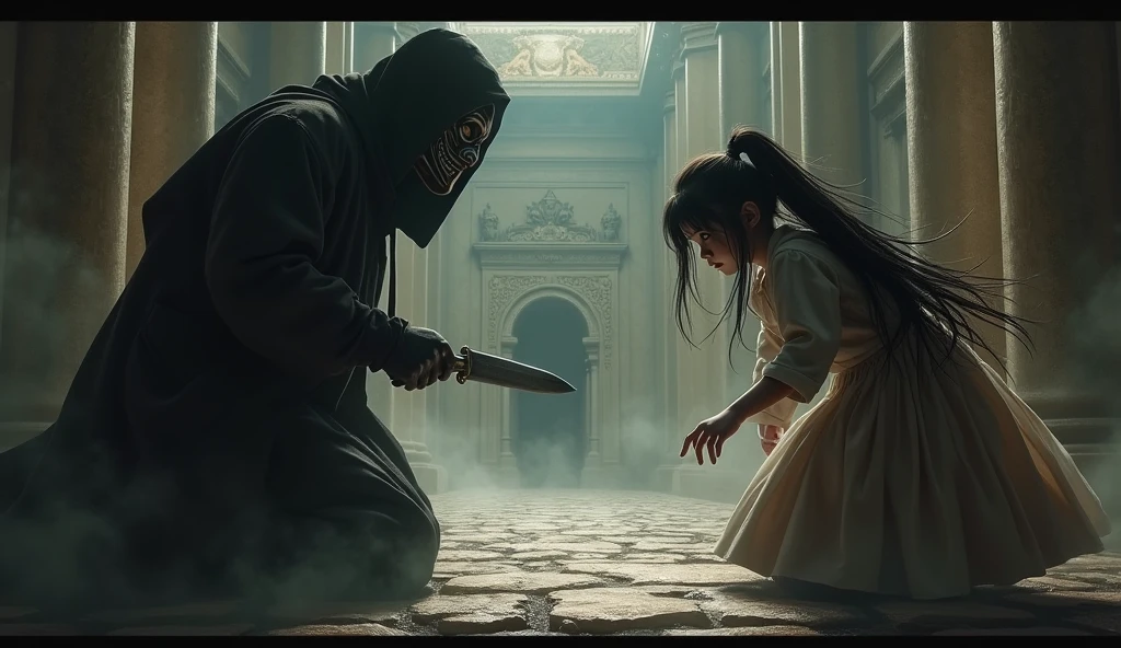 Girl reaches the temple entrance, where the masked figure catches up to her, threatening her with a knife.