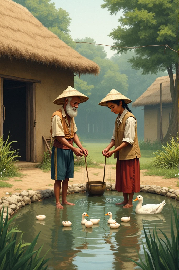 A farmer and his wife in front of a mud and straw house with a small pond in the yard and a gourd stand next to the pond and the wife washing duck eggs in the pond.