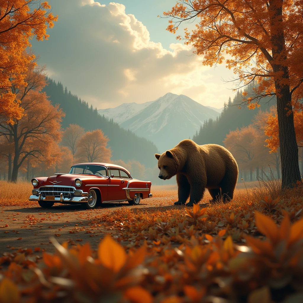 intricate detailed autumn landscape, large brown bear, classic vintage car, golden leaves, dramatic lighting, dramatic clouds, cinematic depth of field, 8k, photorealistic, highly detailed, masterpiece