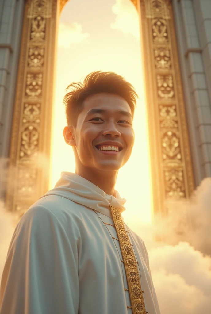 Make me a photo of an Indonesian man in his 20s wearing a Catholic white robe, with the background of 2 golden gates of heaven above the clouds, very realistic, photo taken using a Nikon camera, his face smiling looking at the camera, His entire face robed shining like the sun