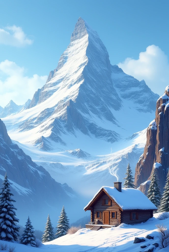 "A towering snow-covered mountain under a clear blue sky, with a small cabin at the base, smoke curling from the chimney."