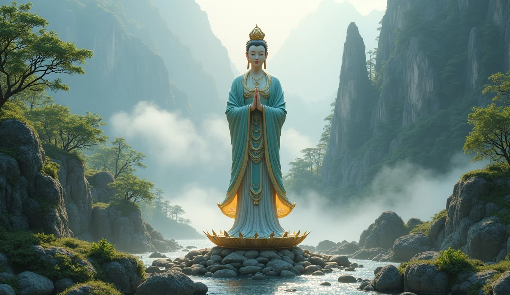 (The pseudo-Buddha is integrated with the mountain),Huge big breasts,Leshan Giant Buddha,Being with nature,Surrealism, Attention to detail, Hyper Photorealism, Stereogram, Cinema Lighting, Divine Light, Hyper HD, masterpiece, Textured skin, Highest quality, High resolution