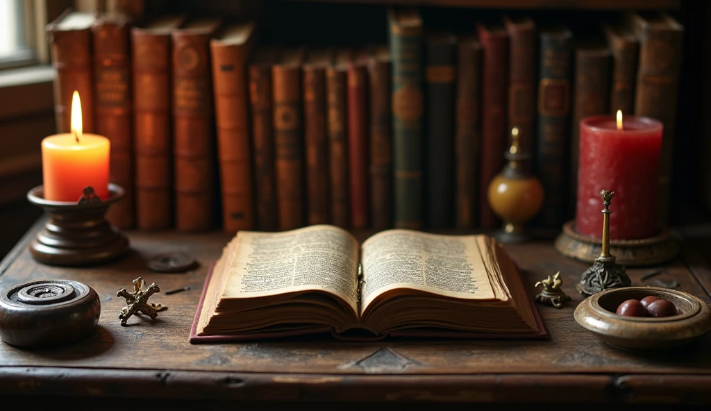 There is a candle and some vintage items on both sides of the table，Ancient books arranged vertically，Closed unopened book，Middle Blank，Don&#39;t put anything 、Alchemist&#39;s Library Background, Magic Library, Exquisitely detailed miniature model, ancient library, Detailed scenery —width 672, High Detail photo, Small Library, Fantasy Alchemist&#39;s Laboratory, High Detail), gothic library, Ultra-detailed pictures, The wizard's apothecary, Gothic Epic Library, Magician&#39;s Chamber