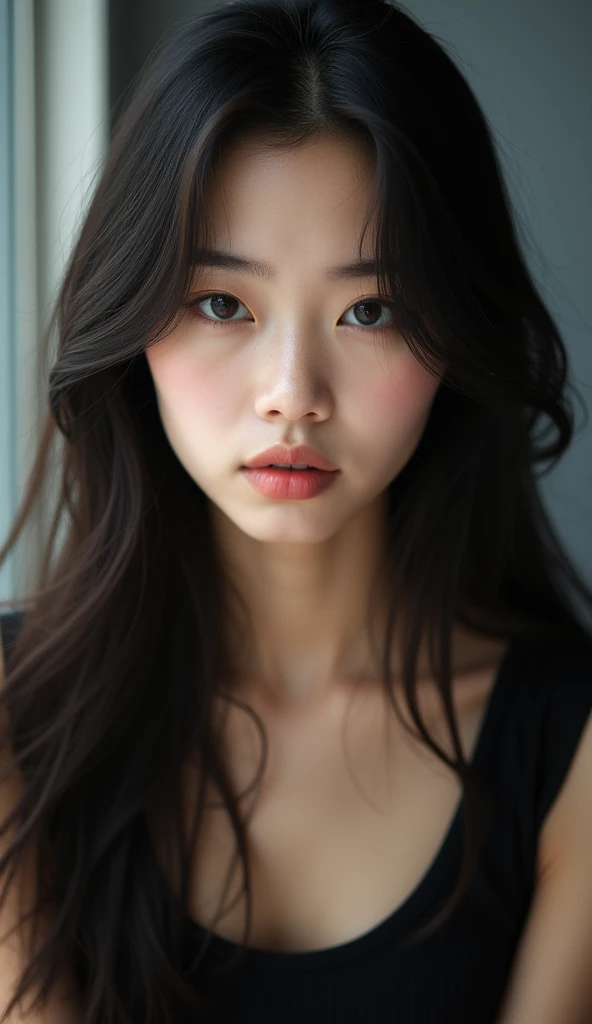 Il y a une femme avec des cheveux longs et un haut noir, fille asiatique, 🤤, elle est face à la caméra, une jeune femme asiatique, une femme asiatique, Visage asiatique, regard sexy devant la caméra, femme asiatique, jeune visage asiatique pâle et mignon, Jeune fille asiatique, fille asiatique with long hair, comme une frange, avec quelques défauts en selfie