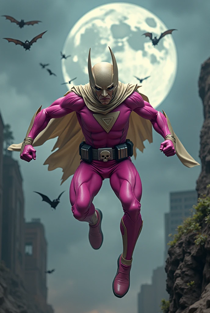 Malaysia man in high-tech suit, vivid effects, malaysian superhero (KELUANG MAN)(( in a striking pink and beige costume cyberpunk design, mask small mini bat ear beige, daredevil beige mask, ))jumpsuit dark pink stands confidently in a dramatic.jumping from high place.hero costume.one hand rise up. Big triangle logo on the chest.high detail Punisher logo on the chest. Fighting pose , stormy landscape. ((Head covered node guard like batman. Running pose , athletic body type, small mini ear bat mask))The character wears domino mask a helmet with pointed mini torn ears and a flowing cape biege, open nose and mouth. Equipped with visible futuristic weapons on a belt,bullet proof jacket pink dark day.show fingers pose, dark night, big supermoon effect . Small logo on chest triangle shape small punisher logo center(( skull triangle Casey Jones mask shape logo)) center on chest pink logo mini logo . rocky. Building top.smoke ground.((jumping from the building Man hangging on the black rope)) , bomb effect background, losse pants, losses costume.adding to --ar 3:4 --style raw --stylize 500 --v 6.1. chaos. Lot of small flying bat. One leg on the high stone. Man. Wear hologram watch.. Real man age 40 year old. One hand holding belt.one hand holding black rope hanging on building. Big pant pink. Beige cape joodie.(( Loose pant)) , jump on high building)marvel , X-Men.