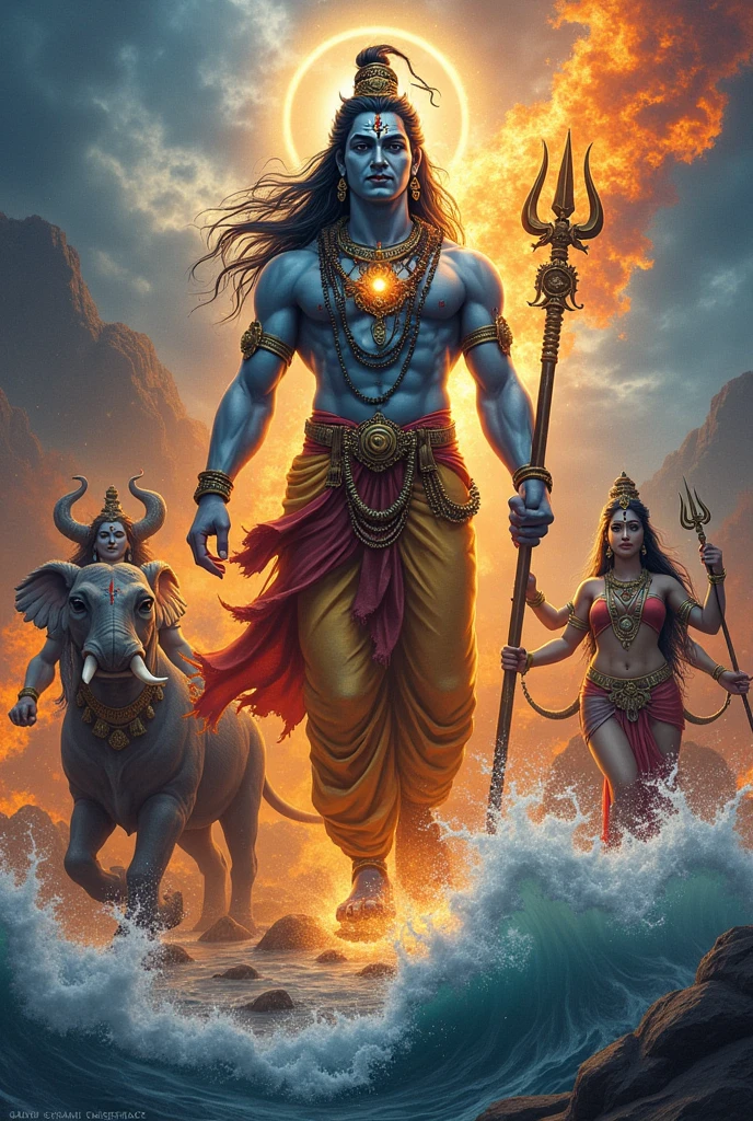 Lord shiv with his sanke vasuki hand with trishul and around him fire and water mixtures with nandi and Ganesh ji mata parvati and Vishnu ji 