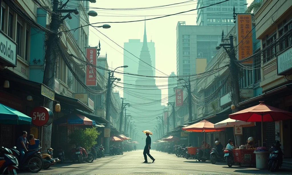 Perfect Bangkok Weird Daylight in Peter Moore Style. Realistic film grain, 8K detailed, high quality,  