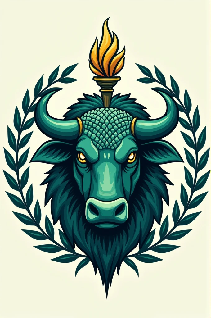  Design a logo featuring a unique combination of a fish and a water buffalo, adorned with a torch and laurel elements. Incorporate shades of green and blue to convey a sense of harmony and tranquility. Be creative and innovative in showcasing the fusion of these symbols to symbolize strength, power, and growth
((best quality)), ((masterpiece)), (detailed), perfect face