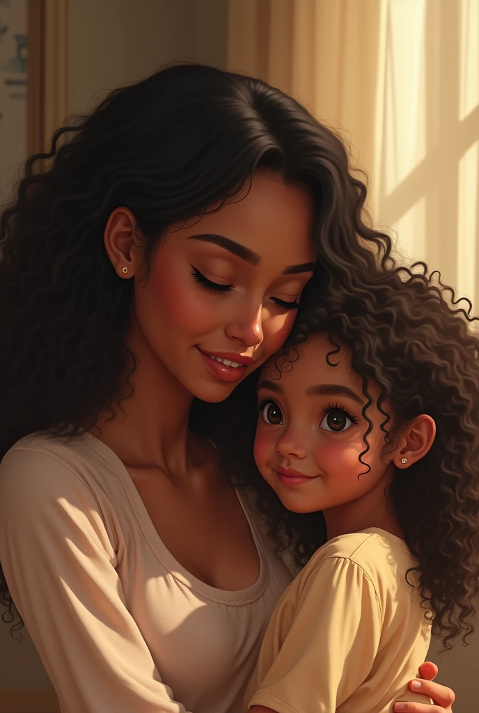 30-year-old mother with hazelnut brown skin and oval face and daughter with pearly complexion and defined face, both with black, curly and long hair