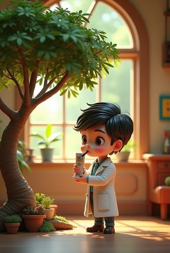 Camphor tree scientist character　retro house　Put on a white coat　Cute mini character
