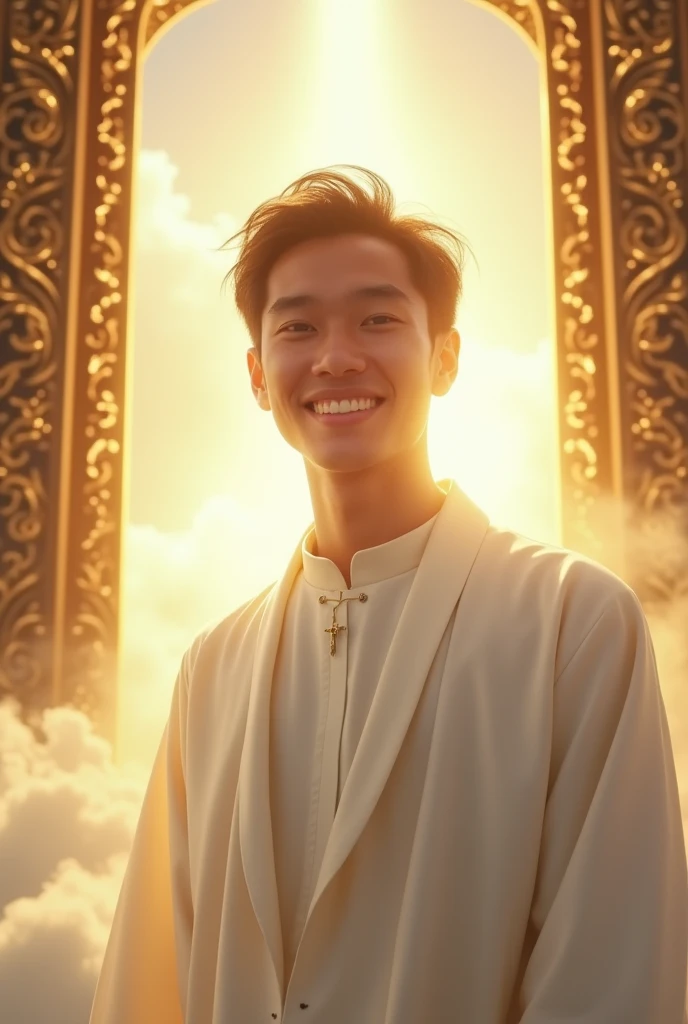 Make me a photo of an Indonesian man in his 20s wearing a Catholic white robe, with the background of 2 golden gates of heaven above the clouds, very realistic, photo taken using a Nikon camera, his face smiling looking at the camera, His entire face robed shining like the sun