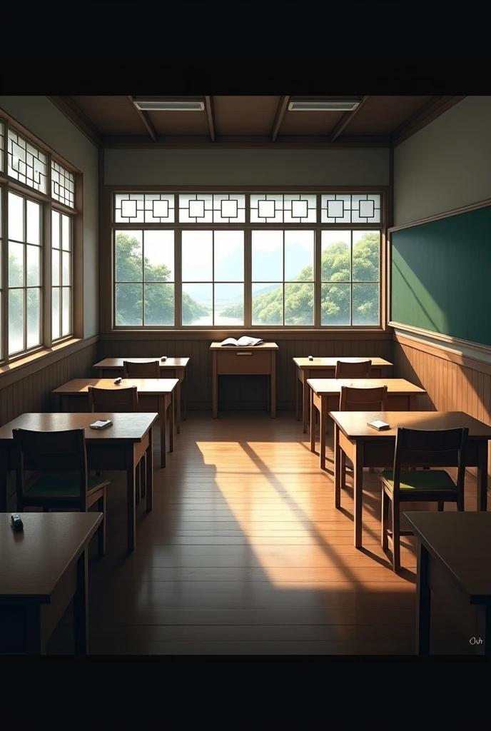 Japanese school classroom,unmanned,Wooden floors