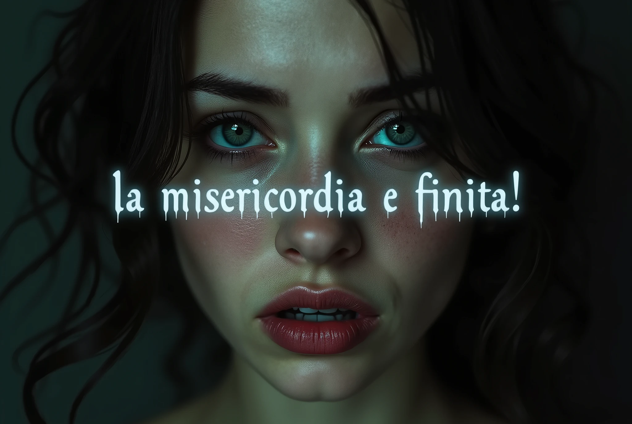 A photorealistic image captures the intense gaze of a woman whose eyes are filled with deep sadness and anger. Her eyes are dark and piercing, slightly bloodshot with the traces of recent tears still visible on her flushed cheeks. The expression on her face conveys a raw, powerful emotion, as if she is on the brink of breaking, yet holds a fierce resolve.
Suspended in the air between her eyes and the viewer, a translucent, almost ghostly message reads exactly: "La misericordia è finita!" The text appears as if it's floating, slightly blurred at the edges, with the letters formed from a faint mist or dark smoke that lingers in the space. The words are sharp and clear, but not so bright, hovering just in front of her gaze, creating a surreal yet powerful effect.
The lighting is soft, casting subtle shadows that accentuate the lines of her face and the intensity of her expression. The background is dark and out of focus, drawing all attention to her face and the ominous message suspended before her. The overall tone of the image is haunting, with the ethereal text adding a layer of depth to the woman's emotion, making the scene both unsettling and deeply evocative.