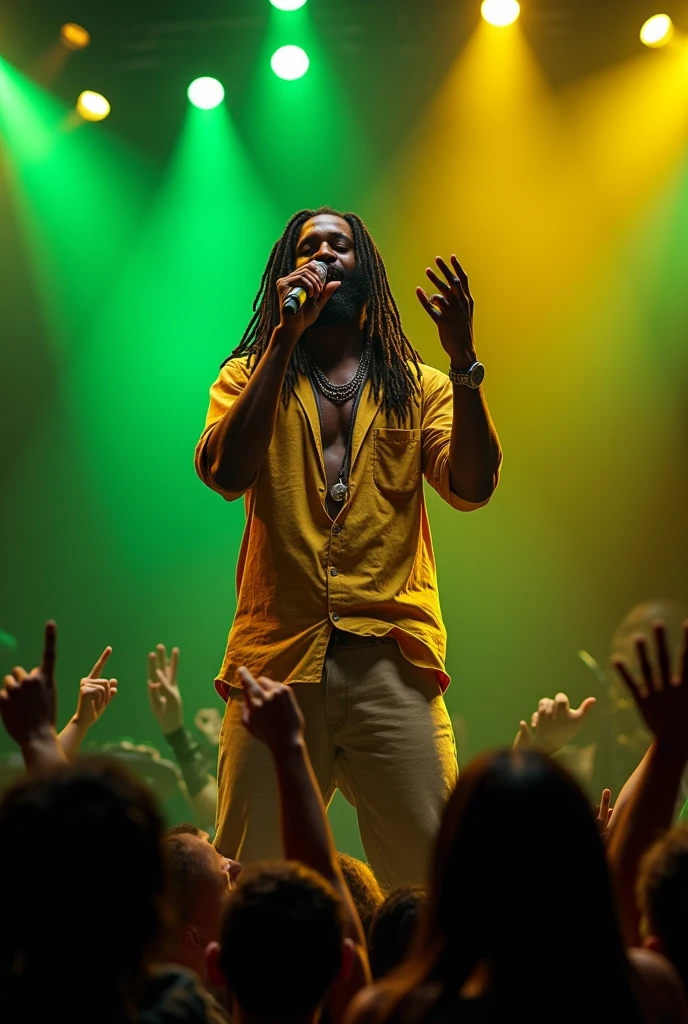 Dark black man, usando dreadlocks, stylish. Jamaican style clothing, loose blouse and pants too. Singing into a stand microphone. He's on a lighted stage, with lights of the Jamaican flag. Fans below have fun