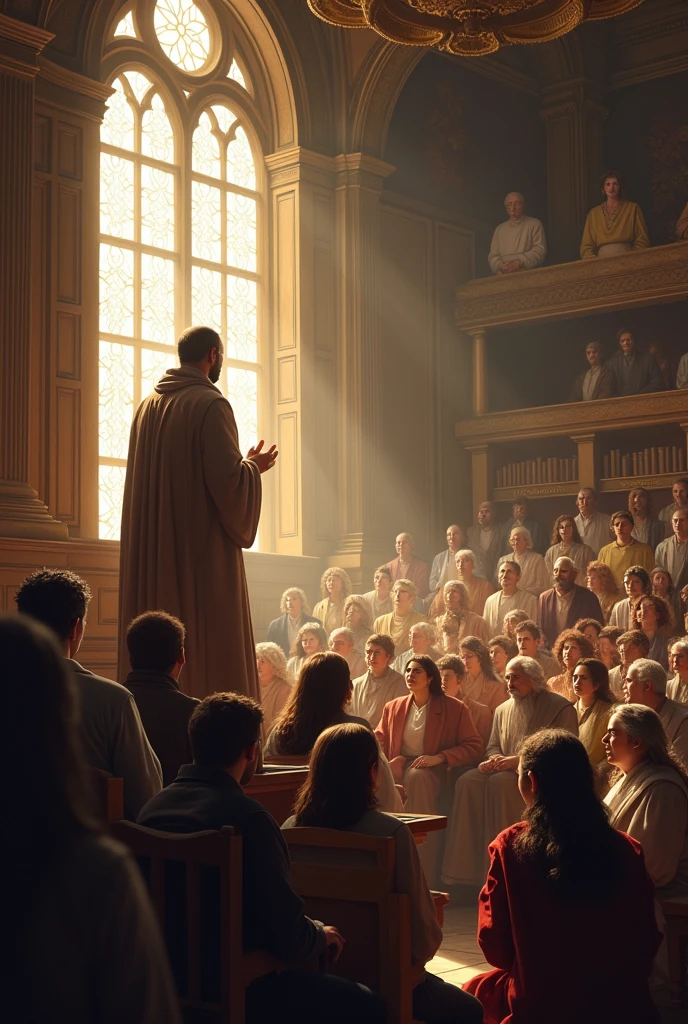 Several people learning and listening to a philosopher in an old auditorium