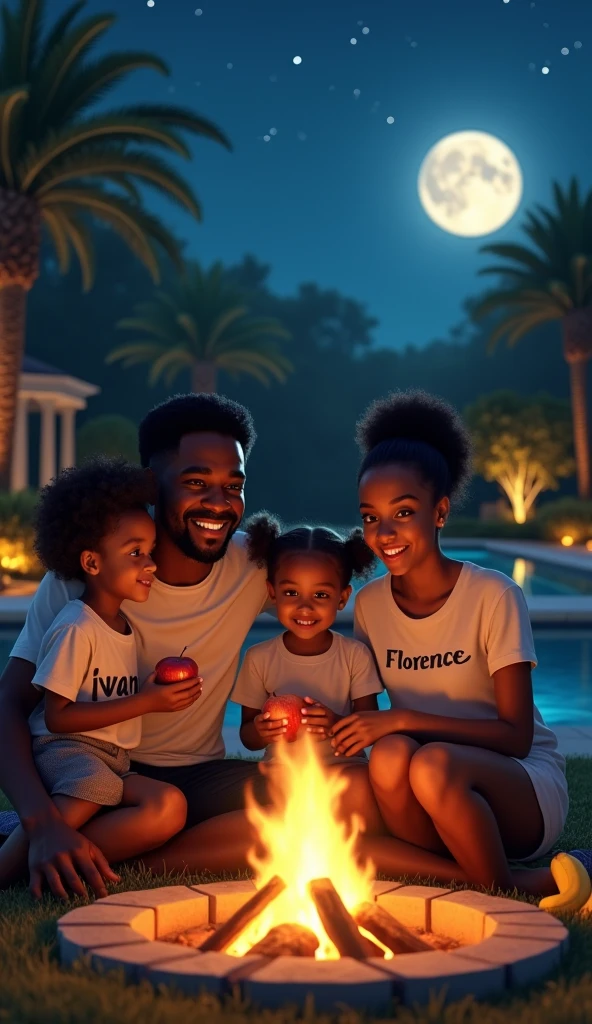 jeune homme noir et son amoureux souriant accompagné de leur enfant jumeaux fille et garçon regardant un film en plein air dans le jardin de la grande cour de leur belle mais.
Il est écrit sur le t-shirt de l’homme Ivan et sur celui de la femme Florence
La tient une pomme à main et le une banane.
Il sont installés autour du feu dans leur beau jardin en pleine lune pour un cinéma en famille
On peut observer de la piscine à côté