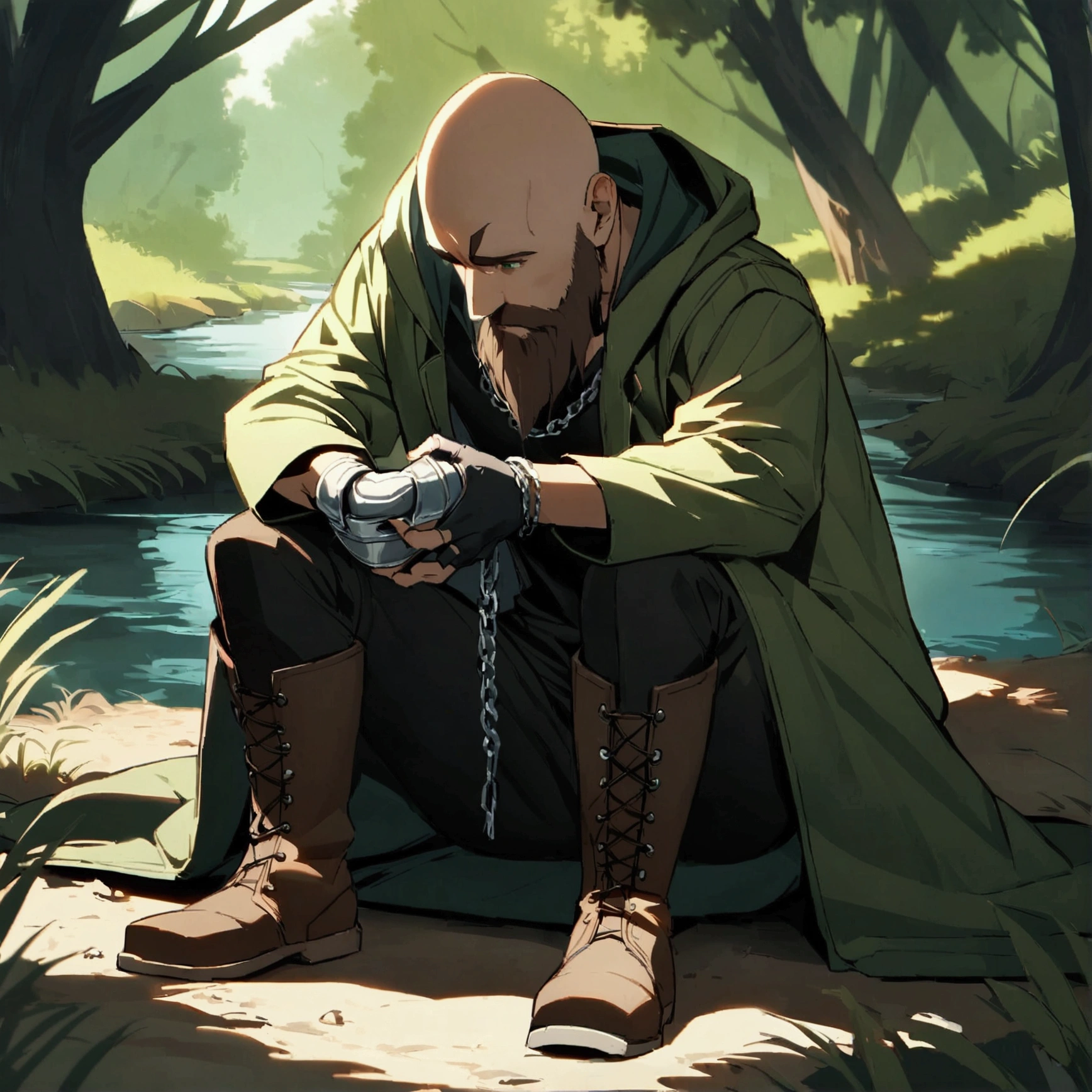 man, bald, dark brown beard, dark green long jacket, black pants, boots, no shirt, nothing underneath jacket, fingerless gloves, hooded, hood on, shadow coverings eyes, neck silver chain, thick beard, leather long jacket, short, skinny, sitting near river, in forest, mask in hands, looking at mask, looking down, green eyes, very thick beard, legs on dirt, thick eyebrows, eyebrow covering eyes