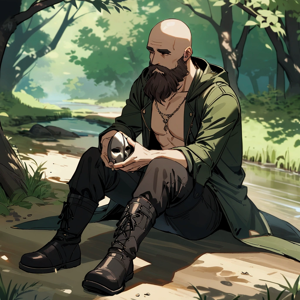 man, bald, dark brown beard, dark green long jacket, black pants, boots, no shirt, nothing underneath jacket, fingerless gloves, hooded, hood on, shadow coverings eyes, neck silver chain, thick beard, leather long jacket, short, skinny, sitting near river, in forest, mask in hands, looking at mask, looking down, green eyes, very thick beard, legs on dirt, thick eyebrows, eyebrow covering eyes