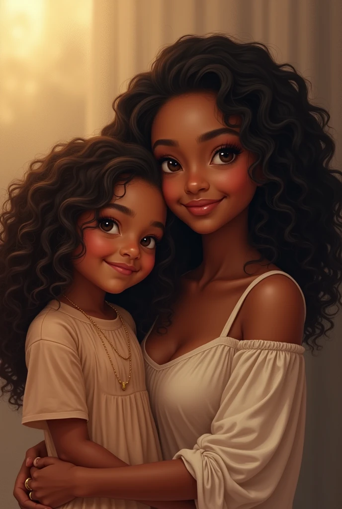 30-year-old mother with hazelnut brown skin and oval face and daughter with pearly complexion and defined face, both with black, curly and long hair