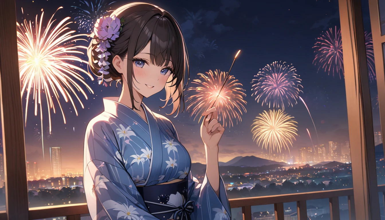 Highest quality,Wearing a yukata,firework,Night Sky