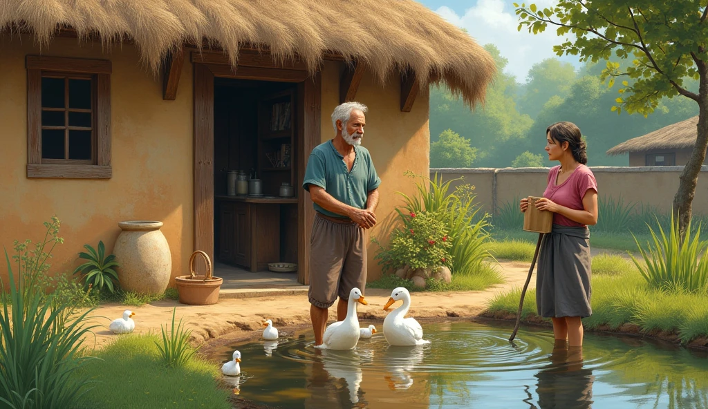 A farmer and his wife in front of a mud and straw house with a small pond in the yard and a gourd stand next to the pond and the wife washing duck eggs in the pond.