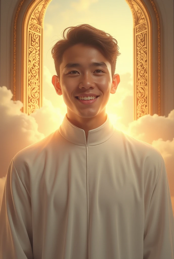 Make me a photo of an Indonesian man in his 20s wearing a Catholic white robe, with the background of 2 golden gates of heaven above the clouds, very realistic, photo taken using a Nikon camera, his face smiling looking at the camera, His entire face robed shining like the sun