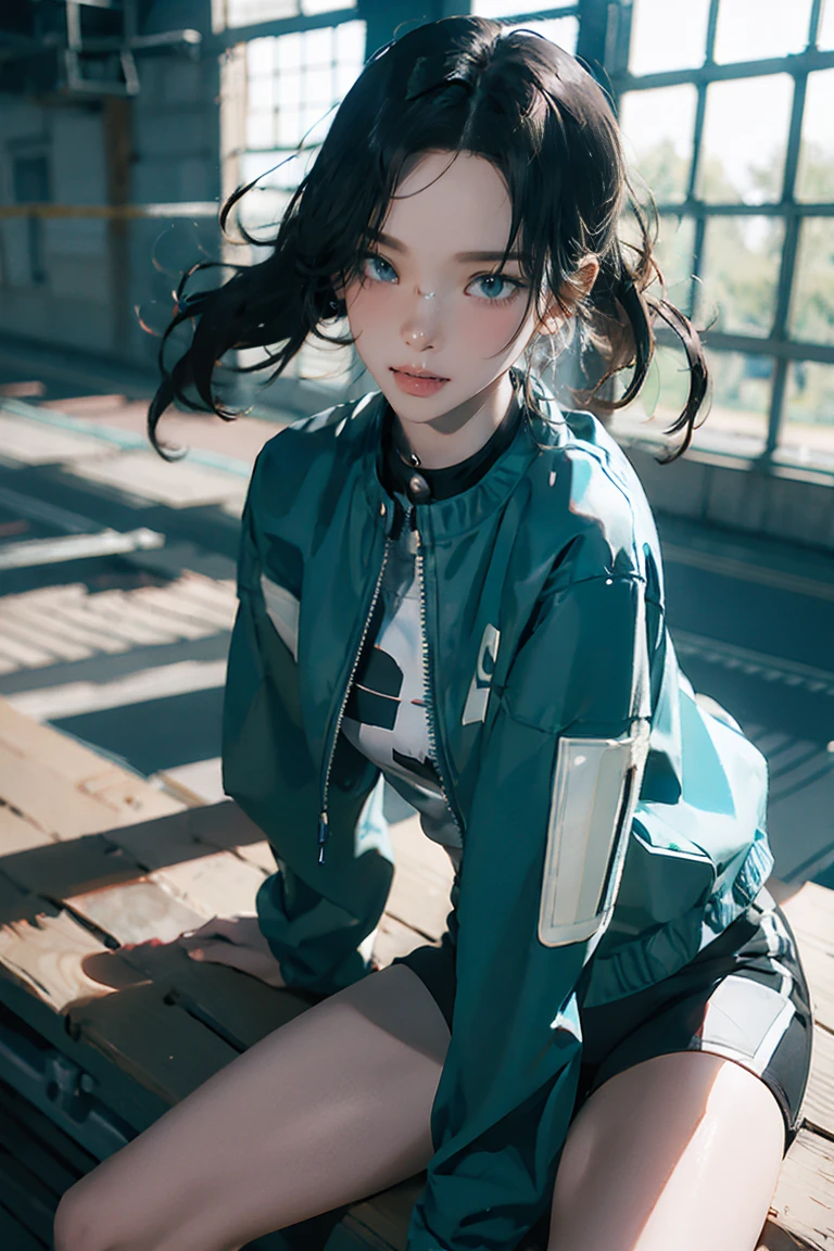 8k, RAW Photos, Highest quality, masterpiece, practical, reality, (1. Exquisite beauty), 2, Nice,The face is rich in detail, (Perfect Teeth), Delicate eyes, double eyelid, eyelash, Grin, Lips Detail, Brown bob hair, Natural Breasts, ((Sexy Japanese volleyball)), ((Teal sexy sports shorts))Soft Light, ((Depth of the written border)) 、Shot in the back、all、Stick your butt out、Spread your legs、the body is slim、Inverted nipples, High Jump Jacket,Sporting goods,Leaked,