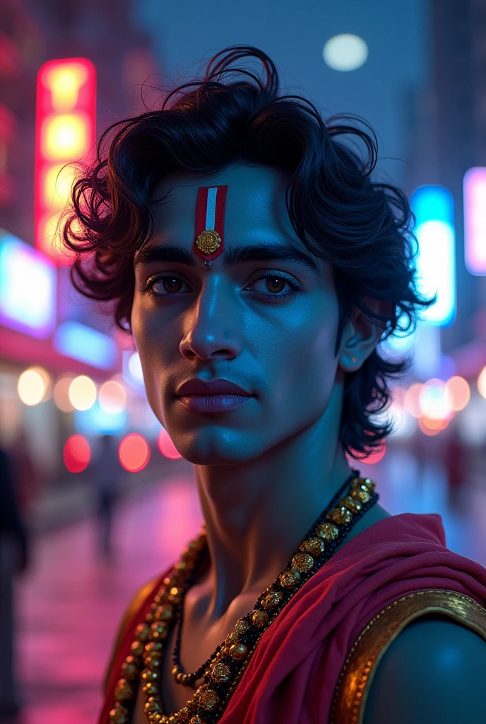 Handsome young shree Krishna in neon light mumbai city road 