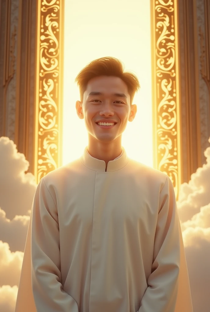 Make me a photo of an Indonesian man in his 20s wearing a Catholic white robe, with the background of 2 golden gates of heaven above the clouds, very realistic, photo taken using a Nikon camera, his face smiling looking at the camera, His entire face robed shining like the sun