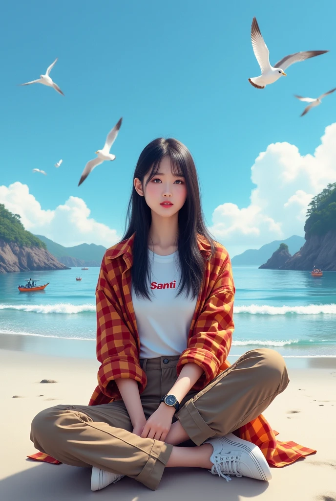 Beautiful Korean girl with smooth white skin, well-groomed face, long straight black hair, red and orange checkered shirt, white t-shirt with the Santi logo, brown cargo pants, cool watch, white shoes posing sitting on the beach, background, sea waves, boat fishermen, seagulls flying. clear blue sky, very beautiful, mountains and waterfalls, the original photo is realistic