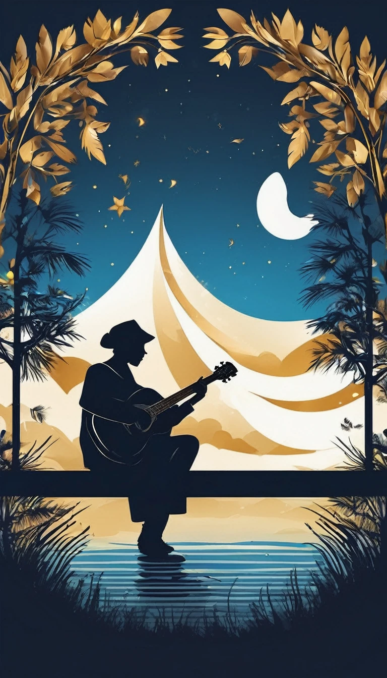 
Create a cinematic, abstract symbol for a storytelling production brand based on stories and dreams called " Penamemoria". The logo should convey a fantasy theme and include the company of a boy and a feather. Fantastic, memorable, poetic, dreamy, boy sitting against a tree and playing guitar to a fantastic, unique, poetic white-blue-golden feather.