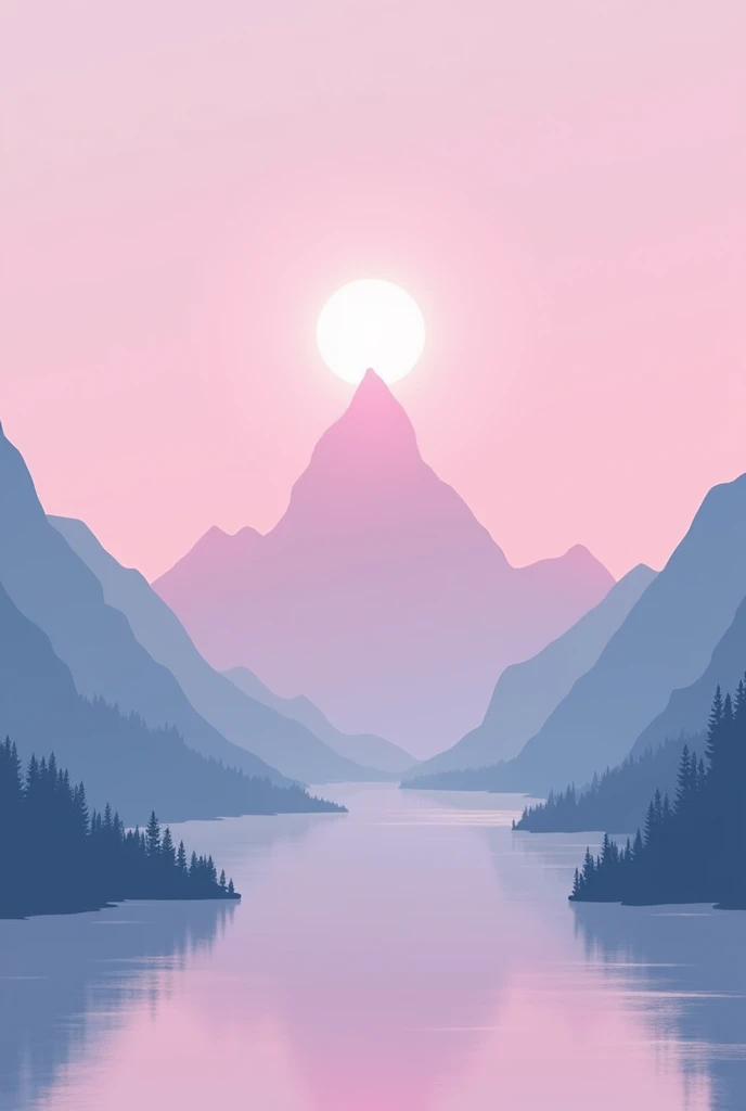 Low saturation,Depicting a mountain and a bright moon,Pink hue,Rectangular frame composition!!,No pattern in the middle,Background Image,Mountains surrounding the frame,Pink blue hues!!Succinct