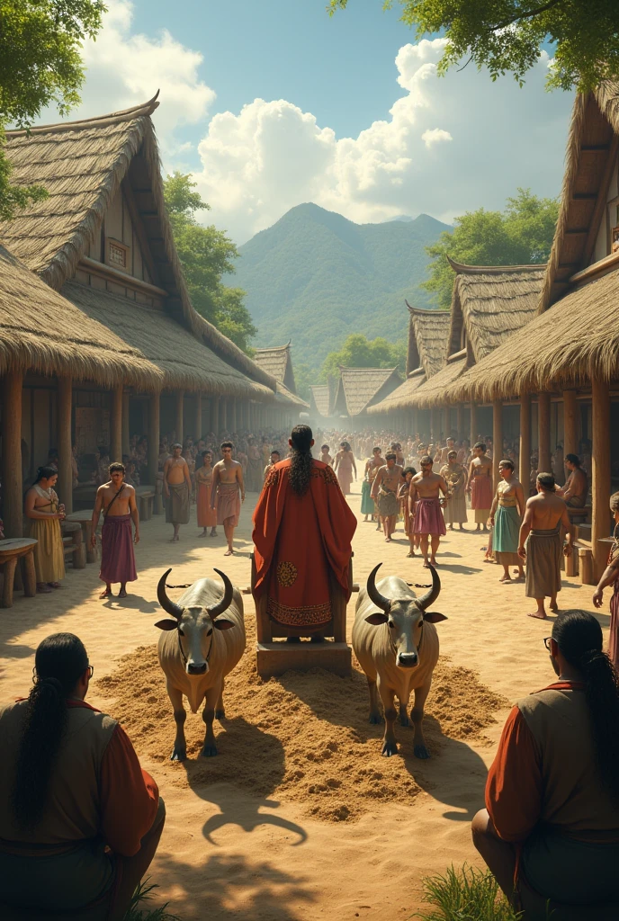 A square in the middle of a beautiful village where the villagers have gathered, a chief sitting on a chair in the middle, a man plowing two men with oxen.