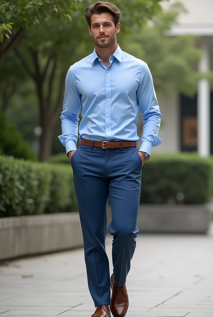 Outfit for men: plain sky blue shirt, blue pants, brown shoes and brown belt
