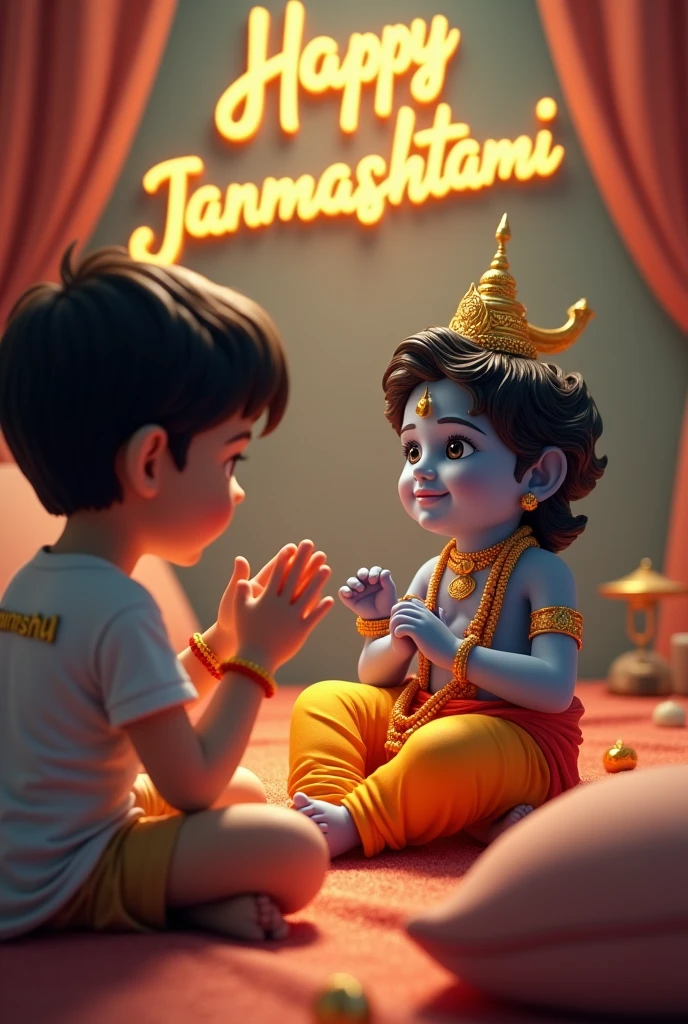 create a 3D realistic picture "A boy is worshiping Shree Krishna and Shree krishna is sitting on a bed and playing car and "Himanshu" is written on the boy's t-shirts and the boy is worshiping and in the background "Happy Janmashtami" is written in bold font clearly, make sure everything should be correct
