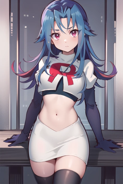 masterpiece, best quality, highres, kr1, multicolored hair, dyed bangs, team rocket,team rocket uniform,white skirt,red letter R,crop top,black thigh-highs,black elbow gloves, cowboy shot, 